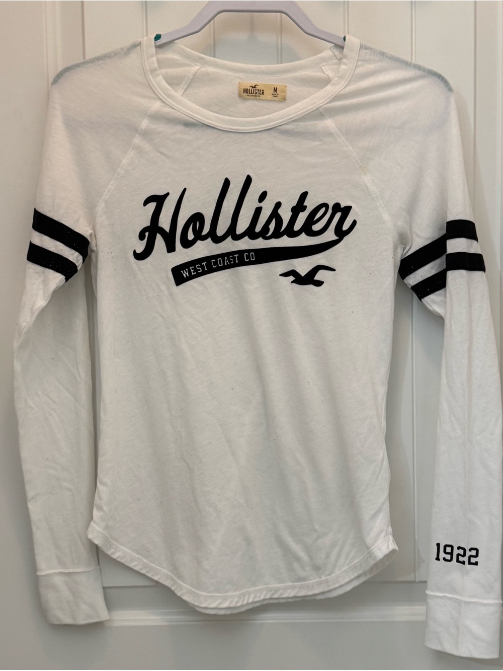 Hollister White Long-Sleeve Logo Tee with Black Stripes